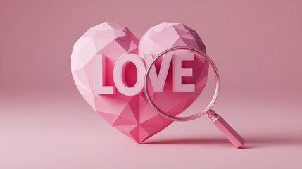 A stylized pink heart with the word "LOVE" in bold letters, accompanied by a magnifying glass, set against a soft pink background.