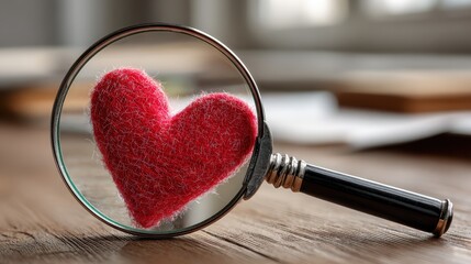 A magnifying glass focuses on a red, fuzzy heart, symbolizing love and affection against a blurred background of a cozy setting.