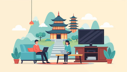 Obraz premium Two people work on laptops in a cozy room with a pagoda and mountains backdrop