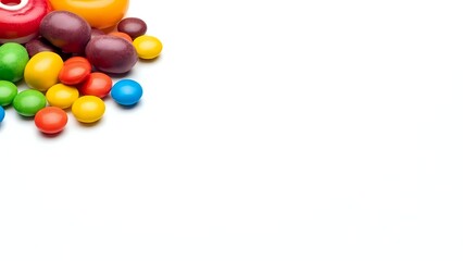 Obraz premium Colorful candy assortment scattered on white background with copy space for sweet treats and confectionery designs.