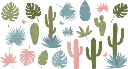 Tropical plant and cactus set with monstera leaves, palm foliage, and desert flora in pastel modern flat vector style © Yevhenii creative