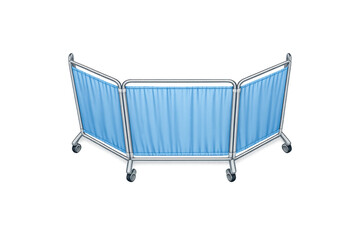 Portable medical screen with blue curtains on wheels for privacy in hospitals and clinics