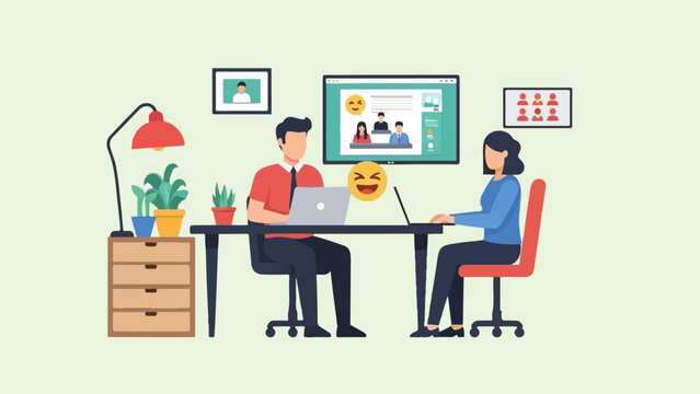 Two people work at computers in a modern office setting with plants