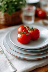 Fresh vine tomatoes artfully arranged on stacked plates with a fork nearby