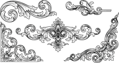Fototapeta premium Vintage floral ornament frame set featuring black baroque scroll swirls and ornate leaf patterns in a decorative vector illustration design