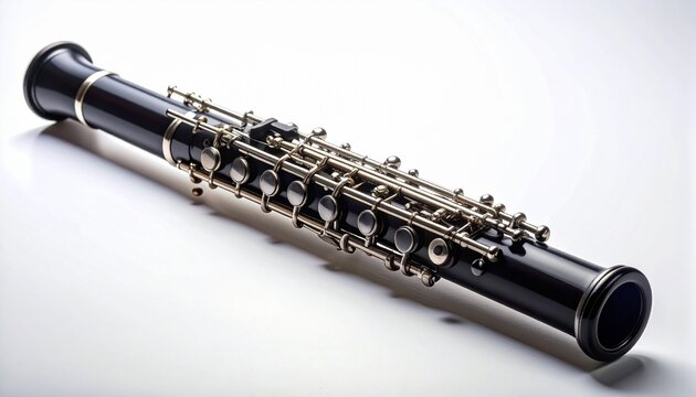 Elegant black oboe, a classical woodwind musical instrument, shown in its entirety with intricate silver keys and mechanisms, lying diagonally on a pristine white background with soft shadows.