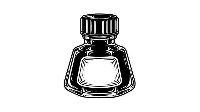 Classic ink bottle with ribbed cap and intricate patterns on a light gray background