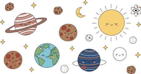 Cute solar system characters with planets, sun, moon, and asteroids in kawaii cartoon style for kids, education, stickers, and vector illustrations © MstNazma