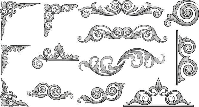 Vintage set of ornate decorative elements featuring floral scroll swirls and calligraphic vector borders for elegant frame design