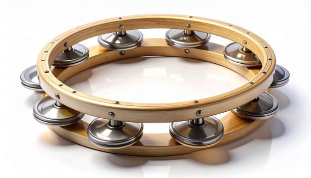 Close-up of a wooden tambourine, a traditional handheld percussion instrument with metal jingles. This classic musical tool is used for creating rhythm, isolated on a clean white background.