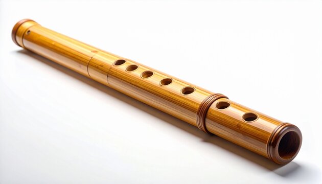 Traditional bamboo flute, a classic woodwind musical instrument. This Asian folk aerophone is handcrafted from natural wood, isolated on a clean white background with copy space for text.