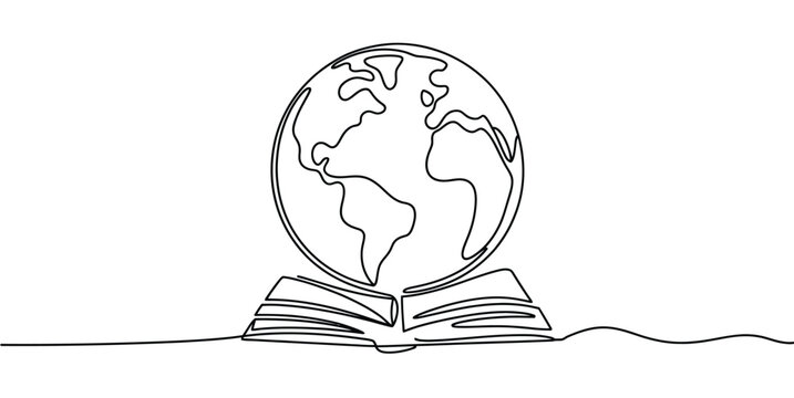 Continuous One Line Globe and Books Illustration, minimalist black outline vector showing earth globe beside book stack, education learning concept design.