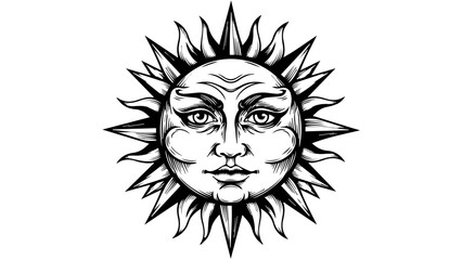 Fototapeta premium Stylized sun with human-like facial features in black and white line art