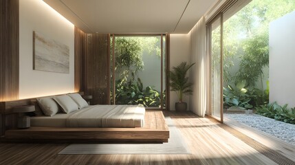 Tropical villa bedroom interior clean minimal tone 3D rendering