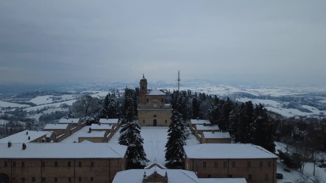 Fano snow in Eremo of Monte Giove with drone 4k