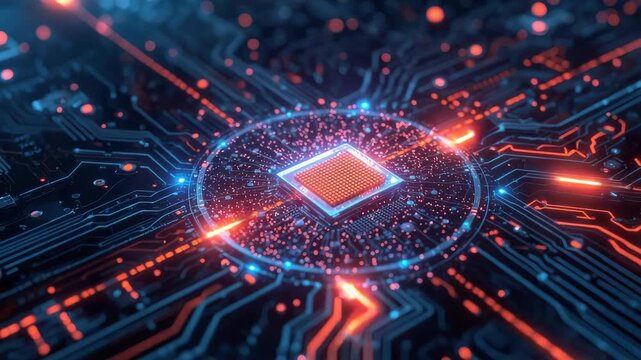 Glowing microchip circuit board with neon blue orange lights dynamic spark effects and high