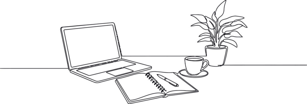 Workplace desk with laptop and coffee line art vector