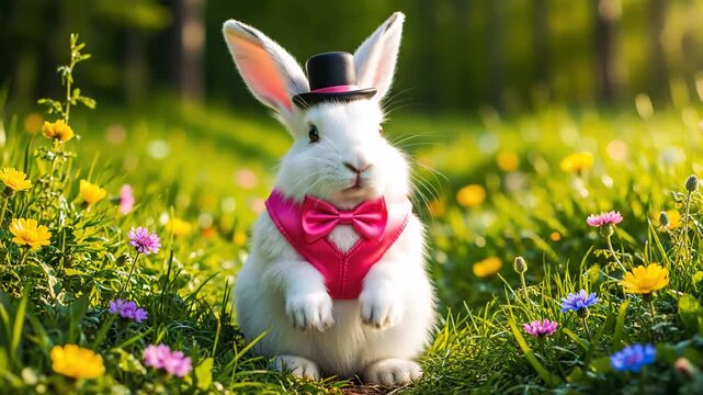White Rabbit in Top Hat and Bow Tie Sitting in Flowers.