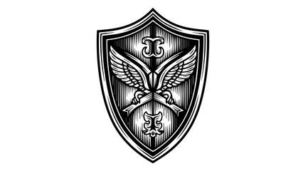 Obraz premium Heraldic shield with wings, sword, and emblem in black and white