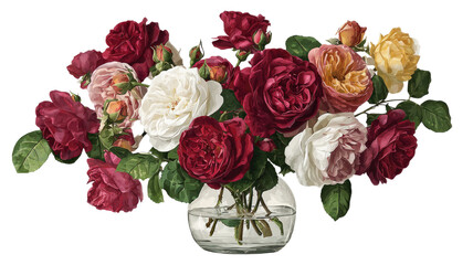 A beautiful bouquet of pink and red roses in a glass vase creates a romantic floral gift for a wedding or Valentine anniversary, featuring blooming petals isolated against a natural background