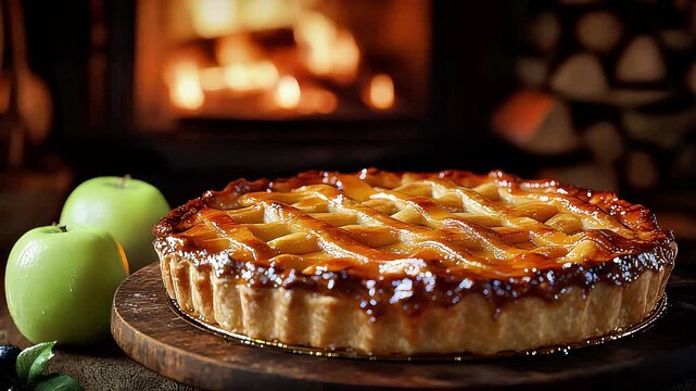 Apple pie on wooden table with green apples by cozy fireplace  