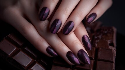 Elegant hands with rich chocolate and deep purple geometric nail art, ultra-realistic texture, perfect lighting