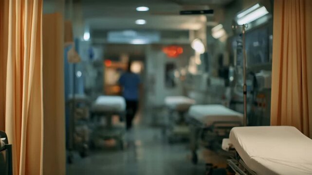 Medium shot of an urgent care treatment bay with curtained stretchers and medical carts softly lit to highlight essential equipment against a blurred background.