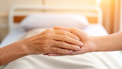 Patient's hand gently holding caregiver's hand, symbolizing care and connection