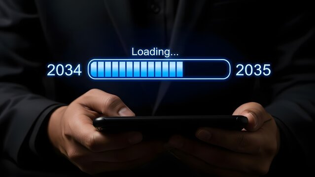 Person holding phone with futuristic loading screen transitioning from 2034 to 2035.