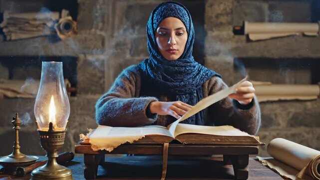 Woman in hijab reads ancient book by lamp at desk. Scholar studies old manuscript with lantern. Woman reading ancient text by lamp. Hijab scholar with book and oil lantern studying manuscript.