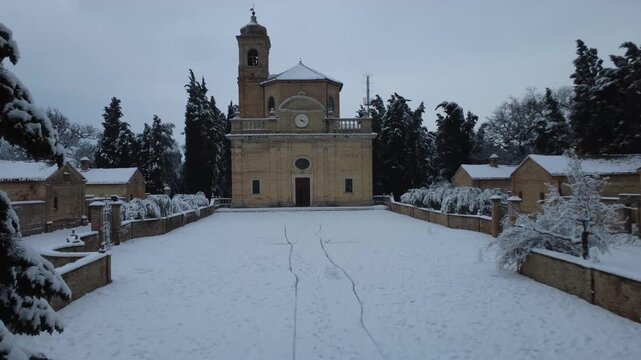 Fano church with snow in Eremo of Monte Giove 4k