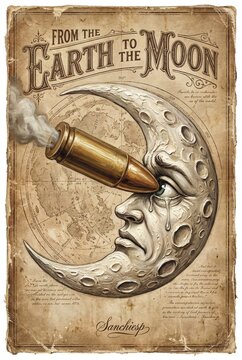 Vintage poster inspired by "From the Earth to the Moon," featuring a sad crescent moon with a bullet firing from its eye over an old map. Distressed paper texture.