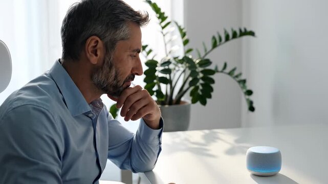 A professional man communicates with a glowing smart speaker at his desk, moving from expressive hand gestures to a contemplative listening pose as the device processes his voice commands.