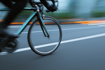 Naklejka premium Close-up of a cyclist's front wheel in motion on a blurred urban street at dusk