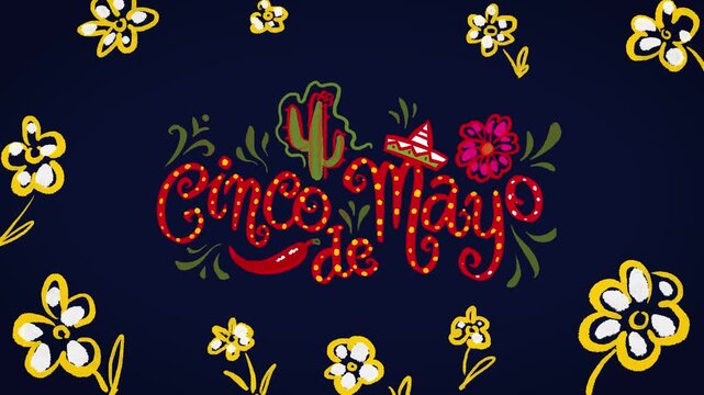 12 frame animation Cinco de mayo national Mexican holiday lettering with alpha channel. 
