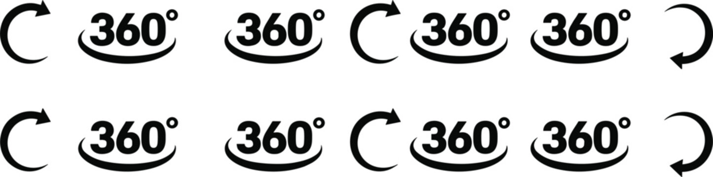 Panoramic 360 Degree View Icon Set with Curved Rotation Arrows for Virtual Reality and Product Visualization Vector Illustration