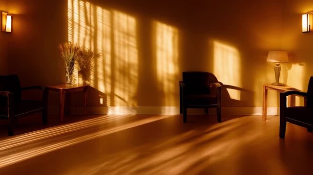 Warm ambient light casting gentle shadows in a therapy setting emphasizing a peaceful environment with main objects crisply illuminated.