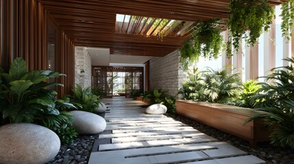 Tropical interior open corridor natural ventilation 3D rendering