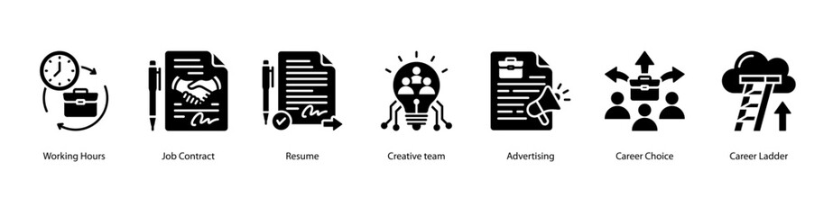 Career Agreements web banner icon vector illustration featuring Working Hours, Job Contract, Resume, Creative Team, Advertising, Career Choice, and Career Ladder.