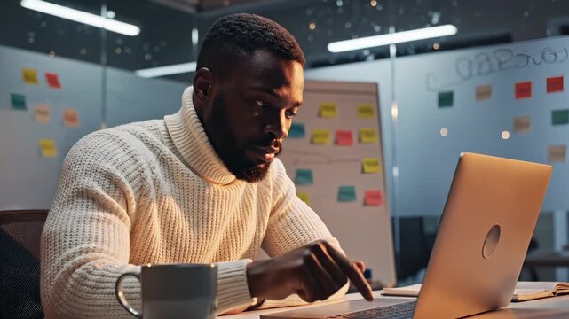 Man works on laptop typing at office desk with sticky notes. Professional man uses computer for work. Man typing on laptop at modern office. Working professional with laptop and coffee mug.