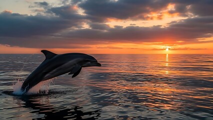 Fototapeta premium Dolphin jumping out of the ocean at sunset