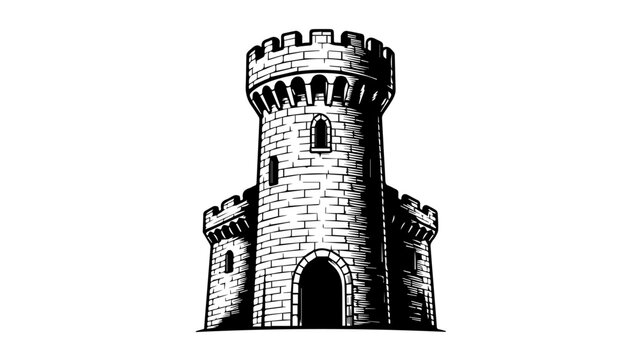 Medieval castle tower illustration with crenellated parapet and arched windows