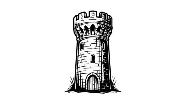 Black and white illustration of a solitary medieval stone tower with crenellated parapet and arched windows