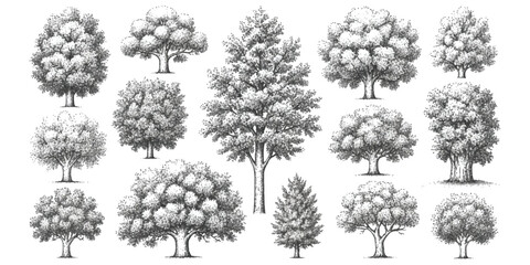 Collection of meticulously drawn trees in various shapes and sizes © GraphixEra