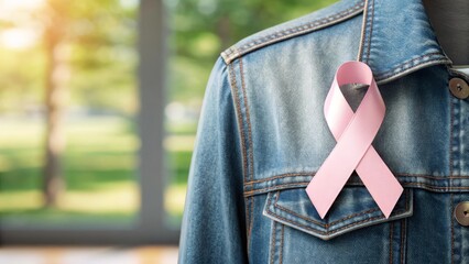 Pink Ribbon Pin Delicately Placed on Worn Denim Jacket, Gigapixel Standard V2 4x