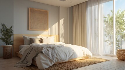 Tropical bedroom interior soft daylight neutral tone 3D rendering