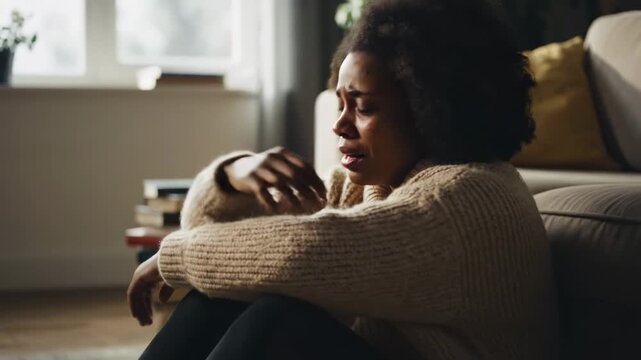 Young African American woman sits crying on her living room floor, overwhelmed by profound sadness. Soft natural light illuminates her emotional vulnerability as she grapples with personal struggles