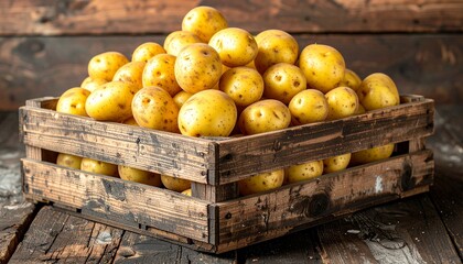 Crate full of yellow potatoes. The crate is wooden and has a rustic feel. The potatoes are all different sizes and are piled on top of each other tasty