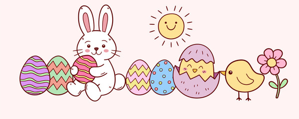 Cute Easter bunny illustration with colorful decorated eggs, baby chick, hatching egg, smiling sun and spring flower