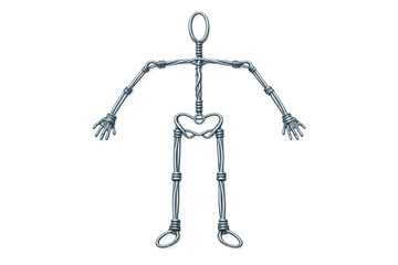 Wireframe human figure sculpture with articulated limbs against a black background